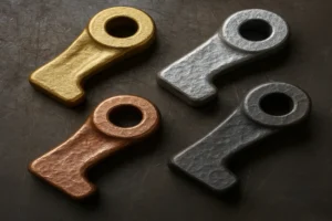 Various metal forged components in gold, copper, and silver, showcasing different finishes and surface textures.