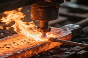 Close-up of a hot metal part being shaped in a forging press, with flames visible from the intense heat.