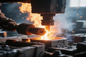 Close-up of a worker hammering molten metal under intense heat and sparks in a metalworking forge