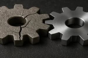 Close-up of a cracked metal gear next to a polished, smooth gear, highlighting the difference in material integrity.