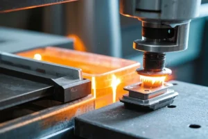 Close-up of a metal stamping process with heat and sparks in an industrial press, shaping a metal part.