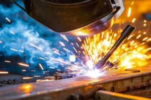 Close-up of a metal welding process with intense sparks and bright blue light, highlighting the heat and precision in industrial manufacturing.