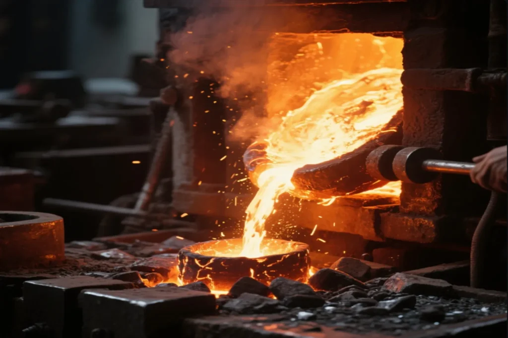 Close-up view of molten metal being poured from a ladle into a mold, with sparks flying and smoke rising, showcasing the metal casting process.
