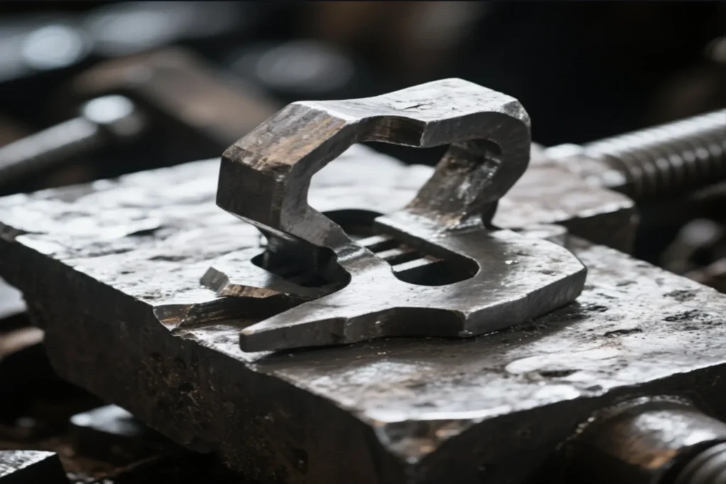 Close-up of a forged metal component with a unique shape, showcasing the precision and detail of the forging process.