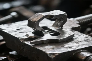 Close-up of a forged metal component with a unique shape, showcasing the precision and detail of the forging process.