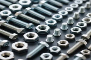 Various metal bolts and nuts in different sizes and threading, showcasing their precision and quality.