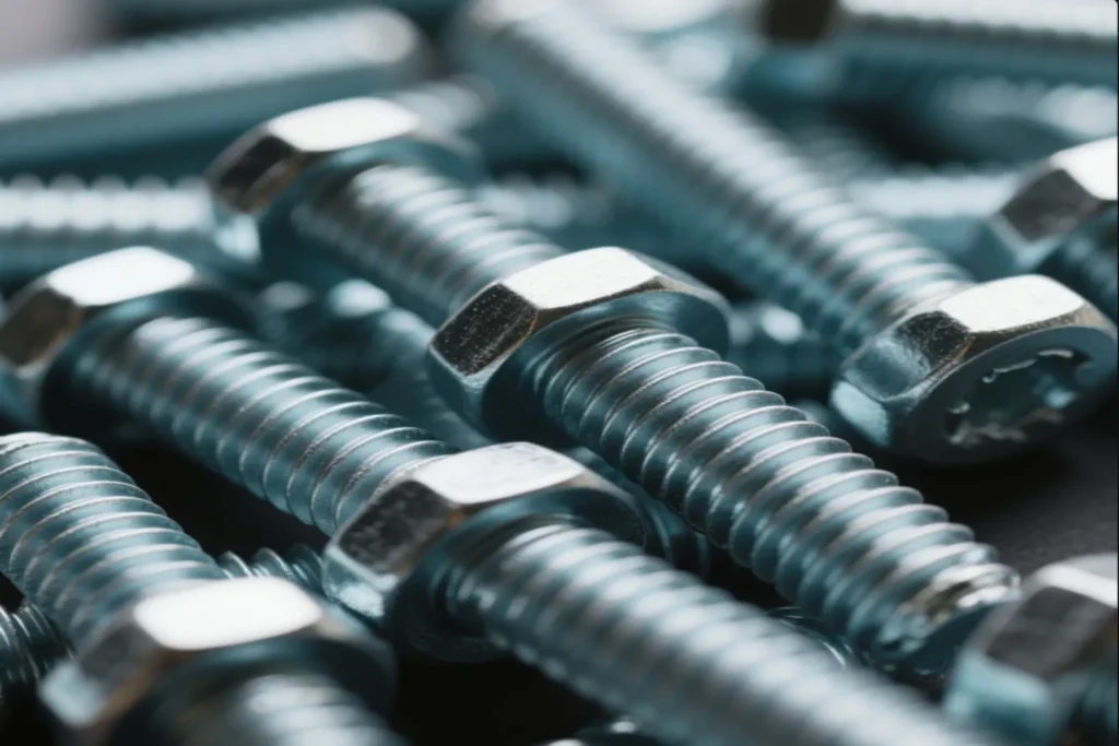 Close-up of several metal bolts with threaded shafts and hexagonal heads, showcasing their precision and durability.