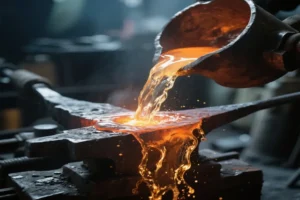 Close-up of molten metal being poured onto an anvil in a forge, showcasing the metal casting process in an industrial foundry.