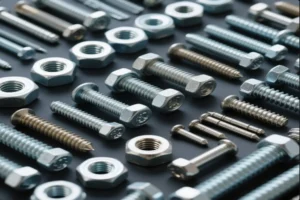 Various metal bolts, screws, and nuts arranged on a dark surface, showcasing a variety of sizes and threading.