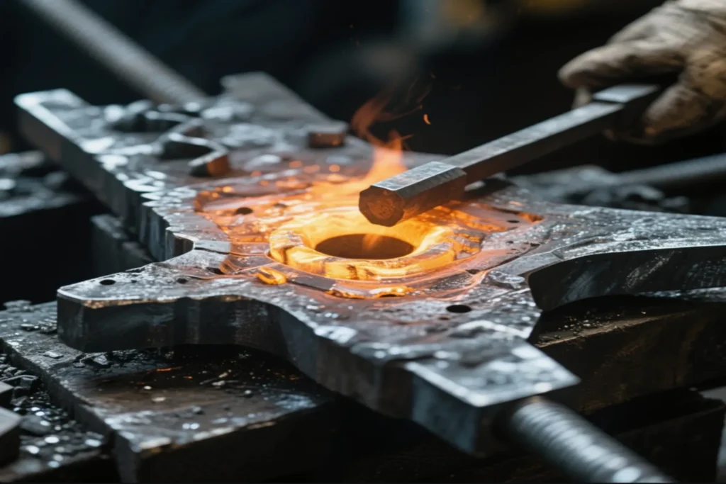 Close-up of a worker forging metal, striking glowing hot metal with a hammer, showcasing the precision and craftsmanship in the metalworking process.