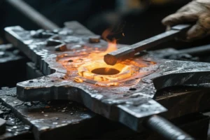 Close-up of a worker forging metal, striking glowing hot metal with a hammer, showcasing the precision and craftsmanship in the metalworking process.