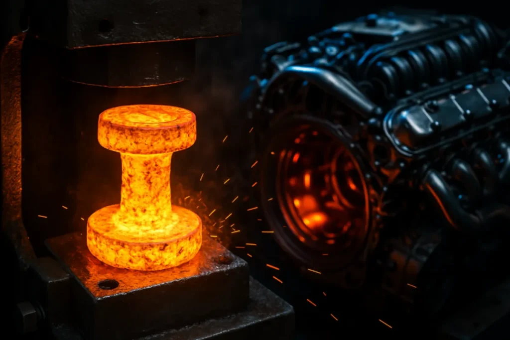 Close-up of a hot forged metal part being shaped in a press with sparks flying, highlighting industrial forging process.