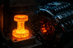 Close-up of a hot forged metal part being shaped in a press with sparks flying, highlighting industrial forging process.
