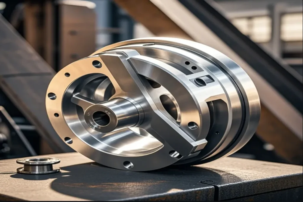 Close-up of precision-machined mechanical component showcasing industrial fabrication and detailed engineering.