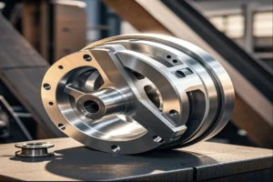 Close-up of precision-machined mechanical component showcasing industrial fabrication and detailed engineering.