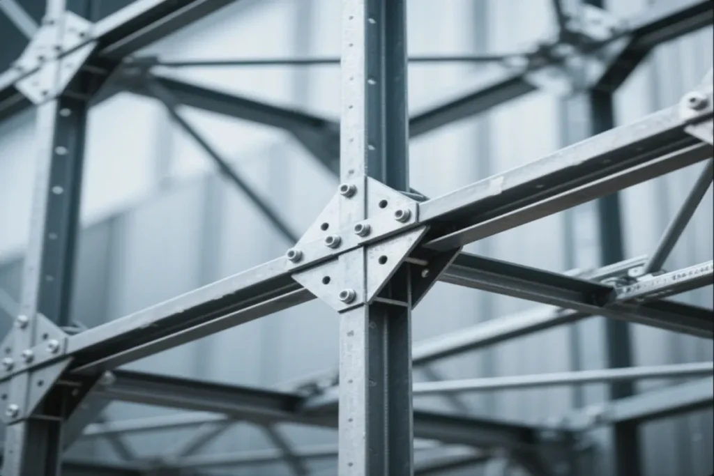 Close-up of a metal frame structure with interconnected beams and bolts, showcasing industrial construction.