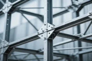 Close-up of a metal frame structure with interconnected beams and bolts, showcasing industrial construction.