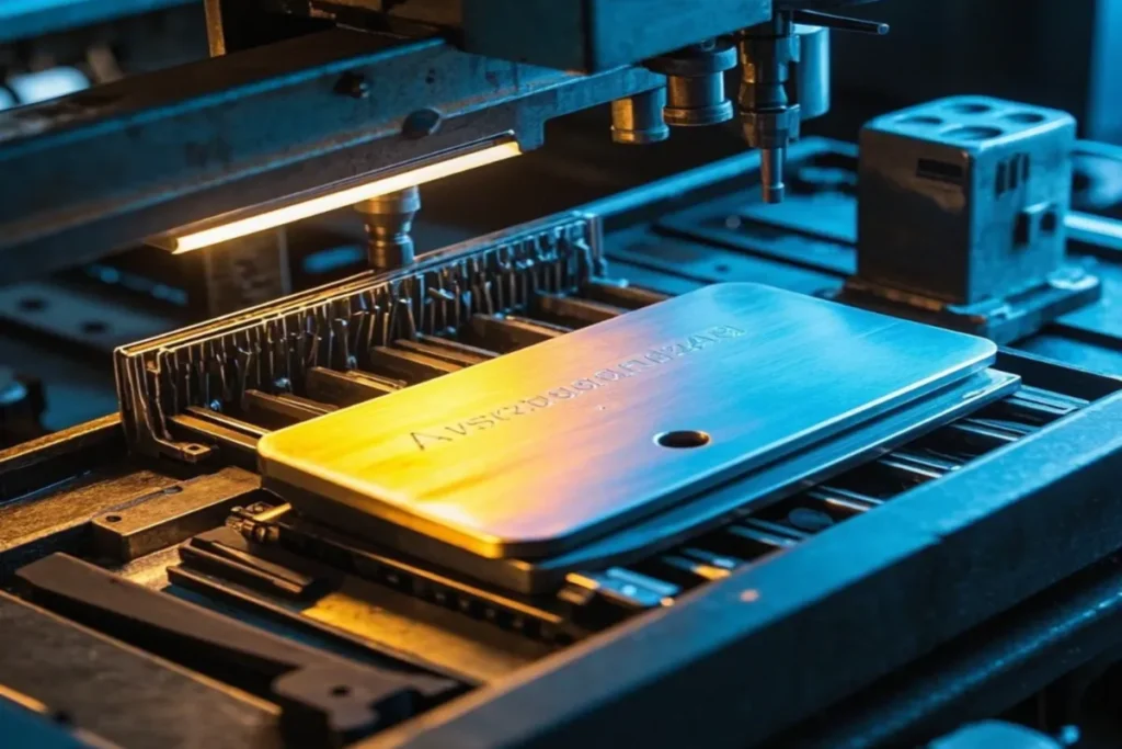 Close-up of a metal part being processed in a press machine with precision tooling and industrial lighting.