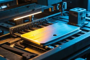 Close-up of a metal part being processed in a press machine with precision tooling and industrial lighting.