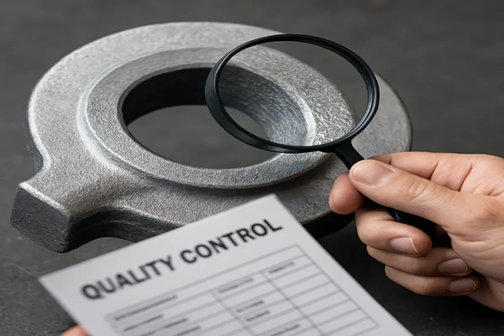 Close-up of a quality control inspection on a metal part with a magnifying glass and quality control checklist.