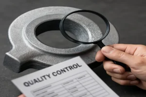 Close-up of a quality control inspection on a metal part with a magnifying glass and quality control checklist.