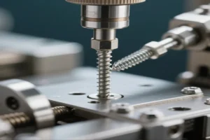 Close-up of a screw being inserted into a metal component by a precision tool in a manufacturing setup.