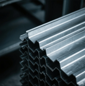 Stacked roll-formed metal profiles and channels, showing clean edges and consistent geometry for OEM sheet metal fabrication.