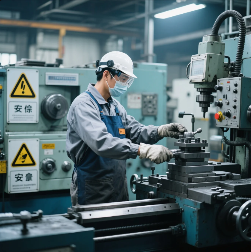 Prime lathe operator working under OSHA-compliant conditions