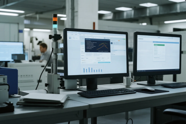 This image captures a close-up view of a modern industrial workstation featuring two computer monitors displaying analytical software, charts, and production control data. The setup includes a signal tower light, a keyboard, a mouse, and a neat stack of papers, all positioned on a sleek lab bench. In the background, an engineer or technician is slightly out of focus, emphasizing the real-time monitoring and digital integration of factory operations. This scene reflects a data-driven, automated manufacturing environment with a focus on quality control and efficiency.