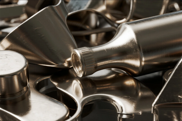 This image shows a detailed close-up of a collection of high-precision metal components with smooth, reflective finishes. The focus is on a bottle-shaped part with external threading at the neck, likely used in industrial or mechanical assemblies. Surrounding it are various intricately shaped metal parts, possibly manufactured through CNC machining or metal casting processes. The lighting highlights the texture and craftsmanship of the metallic surfaces, emphasizing their high-quality finish and durability, typical of custom OEM hardware components.