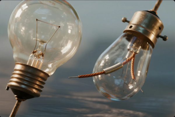 This image captures two classic incandescent light bulbs with transparent glass enclosures. The bulb on the left is fully intact, showcasing a traditional tungsten filament and metallic screw base. The bulb on the right has been partially deconstructed, revealing copper wiring and an internal coil, emphasizing the industrial and electrical engineering details. Both bulbs have a vintage, slightly worn appearance, suggesting reuse, testing, or prototyping within a manufacturing or product development context. The soft lighting and shallow depth of field add a technical yet artistic quality to the image.