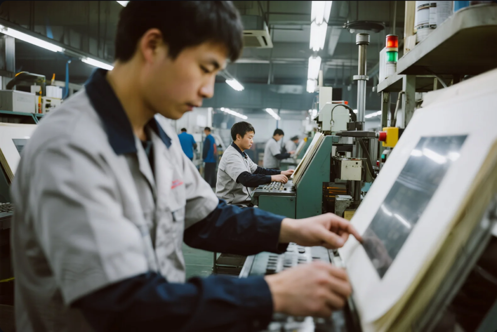 This image shows a busy industrial manufacturing workshop with workers operating sophisticated machines, likely for CNC machining, stamping, or injection molding. The foreground worker is adjusting a control panel or mold alignment plate with high concentration, while others in the background are engaged in similar technical tasks. The workshop is well-lit with overhead fluorescent lighting, and the environment appears clean and organized, reflecting high manufacturing standards and quality control. The scene conveys a sense of productivity, technical skill, and operational discipline.