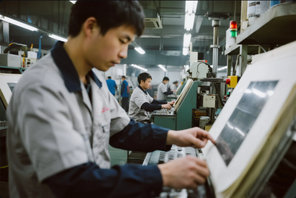 This image shows a busy industrial manufacturing workshop with workers operating sophisticated machines, likely for CNC machining, stamping, or injection molding. The foreground worker is adjusting a control panel or mold alignment plate with high concentration, while others in the background are engaged in similar technical tasks. The workshop is well-lit with overhead fluorescent lighting, and the environment appears clean and organized, reflecting high manufacturing standards and quality control. The scene conveys a sense of productivity, technical skill, and operational discipline.
