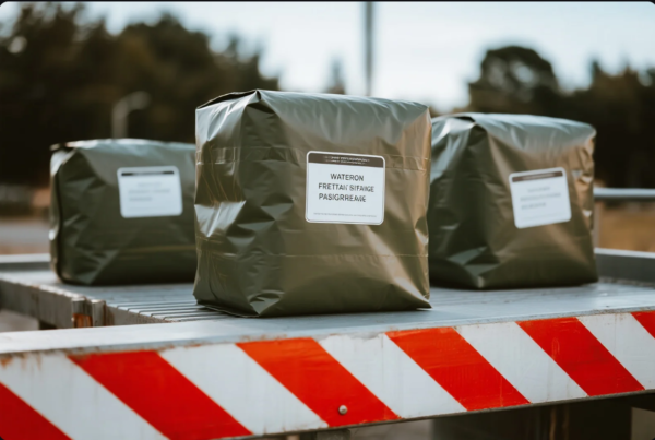 This image shows three tightly wrapped packages in olive-green plastic film, each with a printed label attached to the front. The packages are placed on a metal loading dock or transport platform featuring red-and-white diagonal safety stripes, indicating it is likely used for logistics or delivery purposes. The background reveals an outdoor environment with blurred trees and utility poles, suggesting the packages are either ready for shipment or freshly delivered. The labeling suggests organized distribution, possibly for military, disaster relief, or bulk industrial supply.