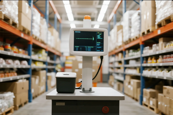 This image captures a clean, organized warehouse environment with tall blue-and-orange industrial shelving on both sides, fully stocked with cardboard boxes and plastic containers. Positioned centrally in the foreground is an electronic device featuring a large digital monitor displaying tracking or diagnostic data, possibly part of a logistics automation or inventory management system. A black storage container is placed beside the screen on a workstation table. The warehouse is brightly lit with overhead fluorescent lighting, highlighting a streamlined supply chain or distribution setting.