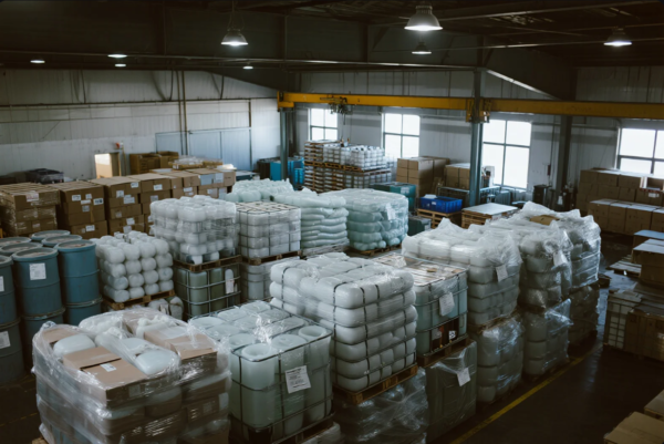 This image showcases a spacious, well-lit industrial warehouse with a high ceiling and hanging lights. The storage area is filled with various materials including shrink-wrapped white plastic containers, large blue chemical drums, and brown cardboard boxes. All goods are stacked orderly on wooden pallets for efficient storage and logistics handling. A yellow overhead crane is visible in the background, indicating the facility is equipped for heavy-duty material transport. The scene reflects a highly organized storage and supply chain environment, likely within a manufacturing or distribution center.