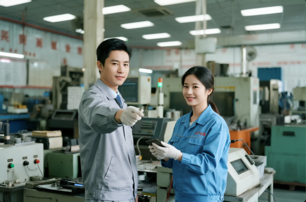 This image shows a male and a female technician or engineer standing inside a clean, modern manufacturing facility. Both are wearing protective work uniforms—gray and blue respectively—and white gloves. The man is holding a small component and pointing forward, while the woman holds a digital tablet and smiles confidently. Behind them are CNC machines, control panels, and other production equipment, indicating a professional industrial environment focused on precision manufacturing and quality control.
