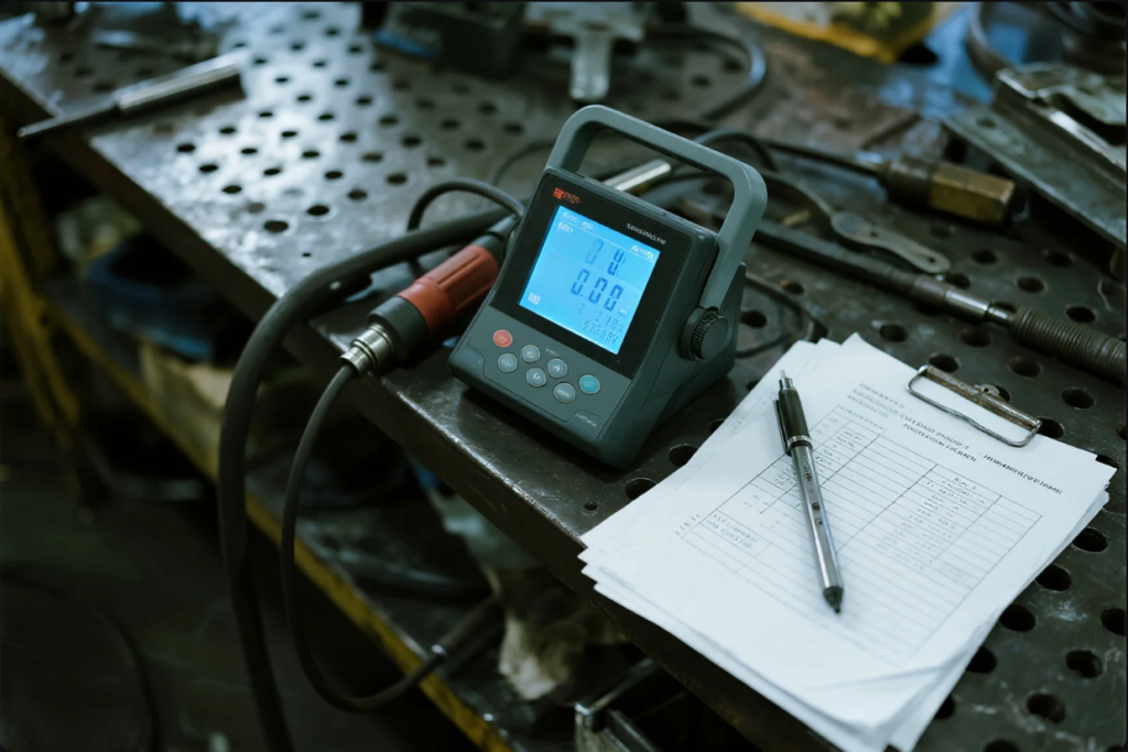 This image shows a digital torque measuring instrument positioned on a perforated steel workbench in an industrial setting. The device is connected to a tool with a red handle, commonly used for precision tightening or calibration in mechanical assembly. Beside the equipment, there is a stack of printed inspection or test records clipped to a clipboard, accompanied by a pen—indicating ongoing quality control or maintenance activities. Various metal tools and components are scattered in the background, emphasizing a hands-on, technical workspace.