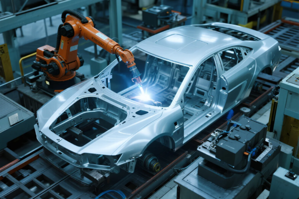This image showcases a high-precision robotic welding system in operation on an automotive production line. A bright orange robotic arm is welding the front frame section of a silver car body as it moves along the conveyor. The surrounding environment is filled with industrial equipment and control units, emphasizing a fully automated and technologically advanced manufacturing process typically found in modern car assembly plants.