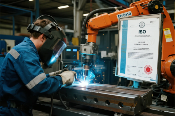 This image shows a skilled welder wearing protective gear working side by side with an industrial robotic arm, both focused on a metal component. The robotic arm is marked with the "Prime" logo and holds a prominently displayed ISO certification plaque, symbolizing the company's commitment to international quality standards. The scene takes place in a modern manufacturing environment, highlighting a synergy between human expertise and automated precision.