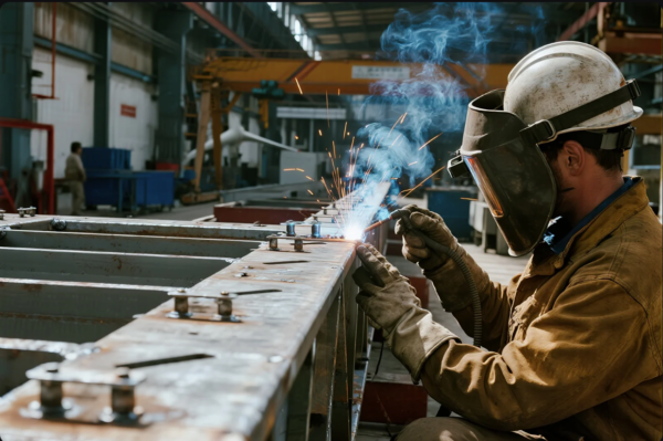 This image captures a welder in protective gear, including a helmet and gloves, engaged in manual arc welding on a heavy-duty steel frame. Sparks and smoke rise from the welding point, highlighting the intensity of the process. The workshop in the background is spacious, equipped with cranes and other industrial machinery, indicating a high-capacity manufacturing environment. The image conveys craftsmanship, industrial strength, and hands-on precision in metal fabrication.