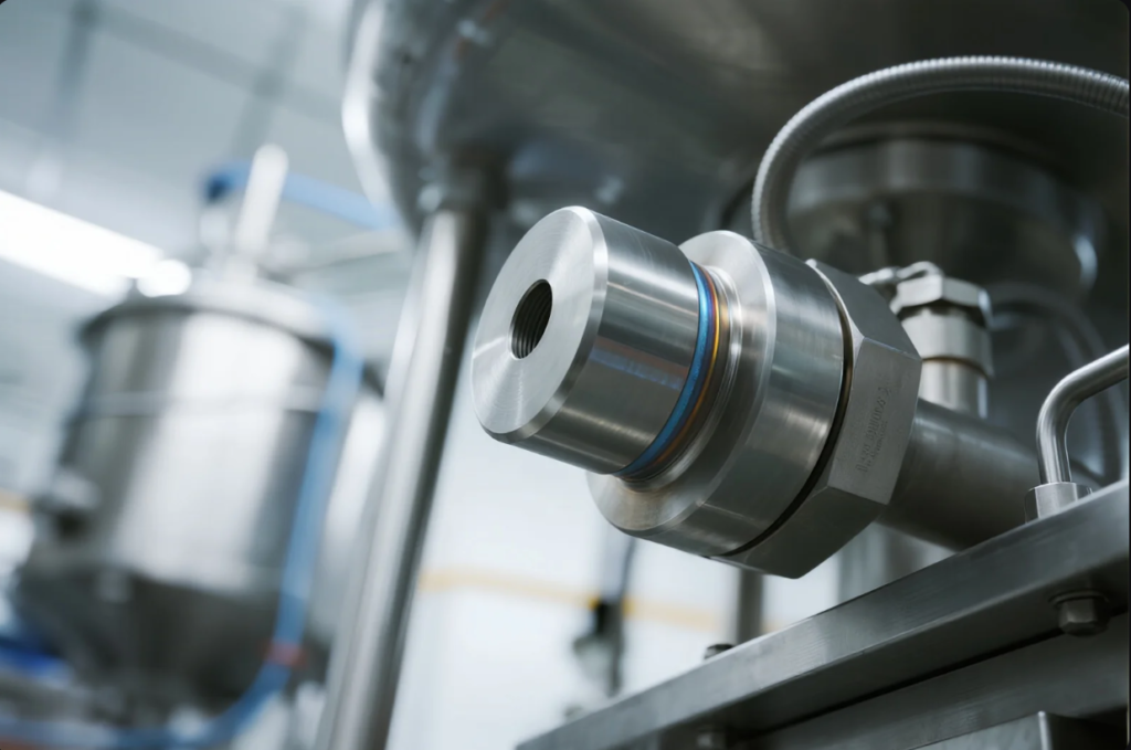 This image shows a highly polished stainless steel fitting, possibly a sanitary flange or threaded connector, attached to a pipeline system. The background includes large industrial tanks and cleanroom-grade surroundings, indicating a high-tech facility—likely for food processing, pharmaceuticals, or chemical manufacturing. The image highlights the importance of precision machining, corrosion resistance, and cleanliness in critical fluid transport systems.