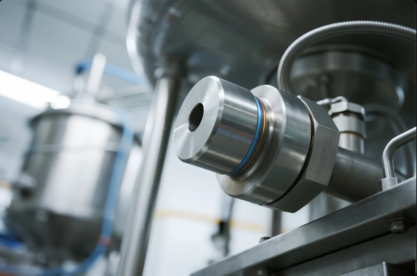 This image shows a highly polished stainless steel fitting, possibly a sanitary flange or threaded connector, attached to a pipeline system. The background includes large industrial tanks and cleanroom-grade surroundings, indicating a high-tech facility—likely for food processing, pharmaceuticals, or chemical manufacturing. The image highlights the importance of precision machining, corrosion resistance, and cleanliness in critical fluid transport systems.