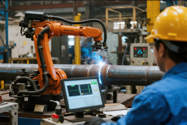 This image shows an advanced robotic welding arm performing precise circumferential welding on a large cylindrical steel pipe. The welding process emits sparks and a blue arc, indicating high-intensity heat. A technician wearing a yellow safety helmet and blue uniform oversees the process in real-time using a computer interface, ensuring accuracy and safety. The background features various industrial machines and workshop elements, highlighting a modern, automated manufacturing environment.