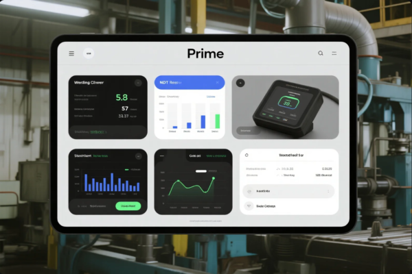 This image features a sleek digital dashboard interface displayed on a tablet screen inside a factory setting. The interface, branded "Prime," presents a variety of industrial metrics including welding efficiency, NDT (Non-Destructive Testing) results, statistical charts, equipment diagnostics, and a digital rendering of a testing device. The surrounding environment includes industrial piping, heavy machinery, and structured lighting, emphasizing a smart, data-driven production system. The dashboard reflects real-time performance monitoring and intelligent manufacturing capabilities.