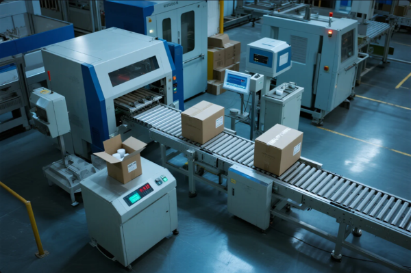 The image shows an advanced automated packaging and logistics system inside a clean and modern factory. Cardboard boxes are being transported on a roller conveyor, passing through multiple stages including scanning, weighing, and possibly labeling. Machines and monitors are actively displaying operational data, while one open box filled with protective foam sits near the conveyor. The environment reflects a highly organized and efficient smart warehouse or production packaging zone.