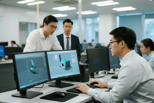 This image shows a group of engineers working in a bright, modern office. One engineer is focused on a computer with dual monitors displaying a detailed 3D CAD model of a mechanical component, while two colleagues stand nearby discussing the design. The professional environment and high-tech setup highlight a collaborative approach to product development, commonly seen in R&D departments or precision engineering firms.