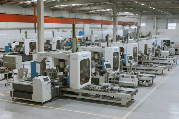 This image showcases a modern industrial workshop equipped with multiple automated CNC machining centers, each labeled with the brand "Prime". The machines are aligned in parallel rows, operating simultaneously, and are equipped with robotic arms and control panels, reflecting a high level of automation. The clean and organized environment emphasizes precision, efficiency, and large-scale production capability, typical of a world-class metal parts manufacturing factory.
