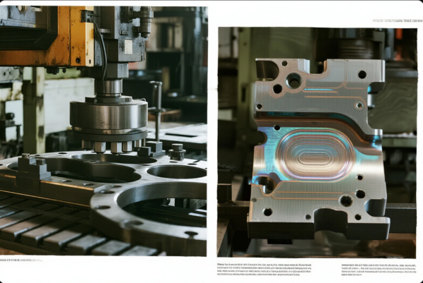 This image features two side-by-side views from a precision machining workshop. On the left, a heavy-duty CNC milling machine is seen actively processing a circular metal part with multiple cavities, showcasing the power and scale of industrial-grade tooling. On the right, a close-up of a finished metal component highlights the intricate details and smooth, iridescent surface finish achieved through advanced CNC machining, reflecting high dimensional accuracy and superior craftsmanship.