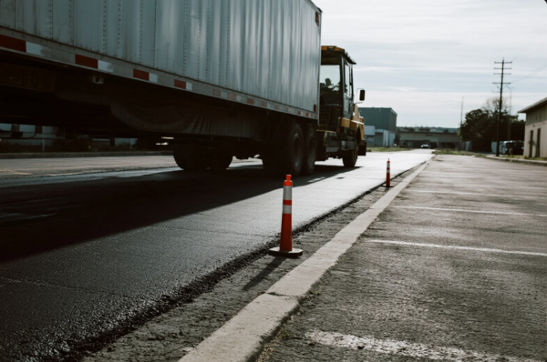 This image shows a heavy-duty truck traveling along a recently resurfaced stretch of road. Bright orange traffic cones are positioned along the edge of the fresh asphalt, marking the transition between the new pavement and the older roadway. The scene captures a quiet industrial area during daylight, emphasizing ongoing infrastructure improvements and transportation logistics.